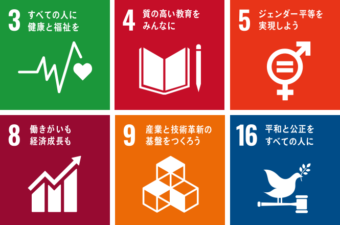 3.すべての人に健康と福祉を 4.質の高い教育をみんなに 5.ジェンダー平等を実現しよう 8.働きがいも経済成長も 9.産業と技術革新の基盤を作ろう 16.平和と公正を全ての人に